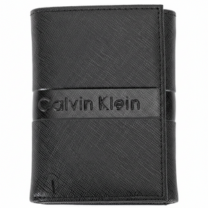 Straight-on front view of a closed Calvin Klein men's black saffiano leather wallet featuring a distinct front flap design with a debossed Calvin Klein logo on a smooth horizontal band