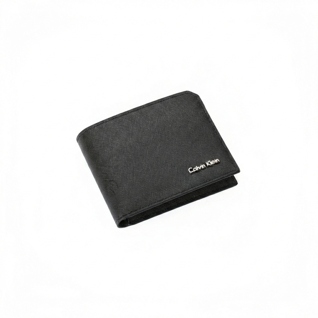 Straight-on front view of a closed Calvin Klein men's black saffiano leather wallet displaying a small silver metal logo on the bottom corner
