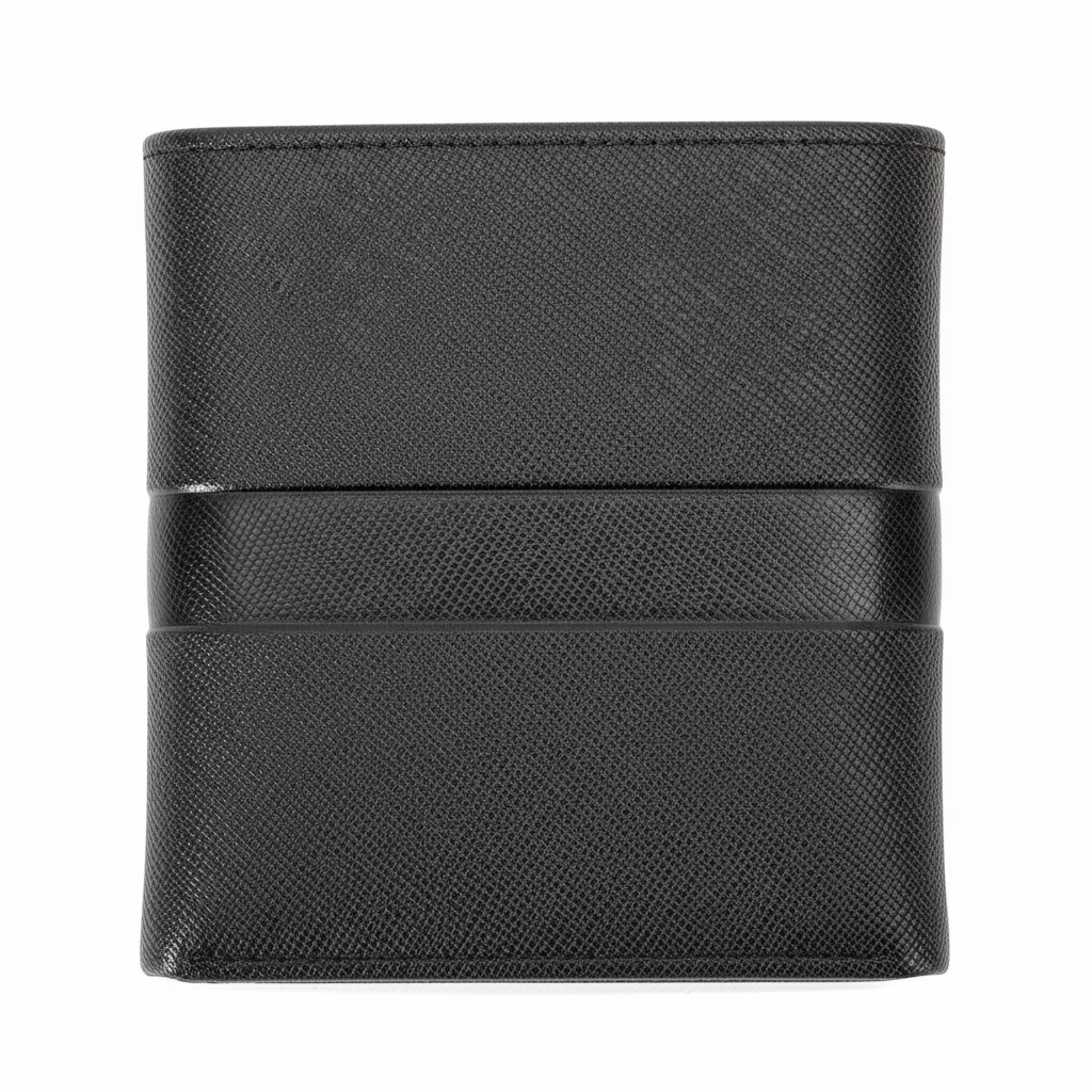 Rear view of a closed Calvin Klein men's black saffiano textured leather wallet highlighting the clean minimalist design and the continuous smooth horizontal band
