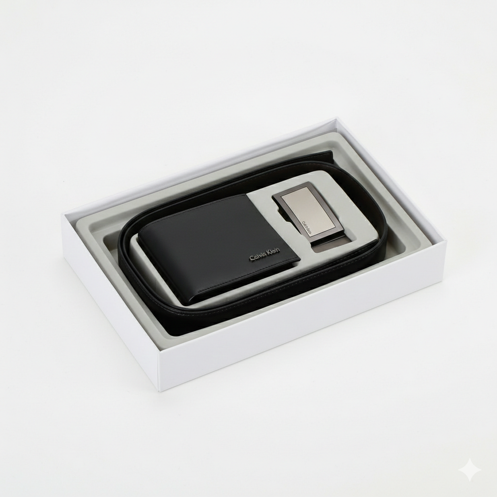 Top view of Calvin Klein black smooth leather wallet and belt set highlighting the sleek silver metal buckle and minimalist corner logo plaque