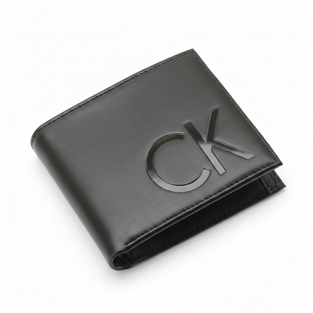 High-angle view of a slightly open Calvin Klein men's black smooth leather bifold wallet featuring a large debossed CK logo on the front