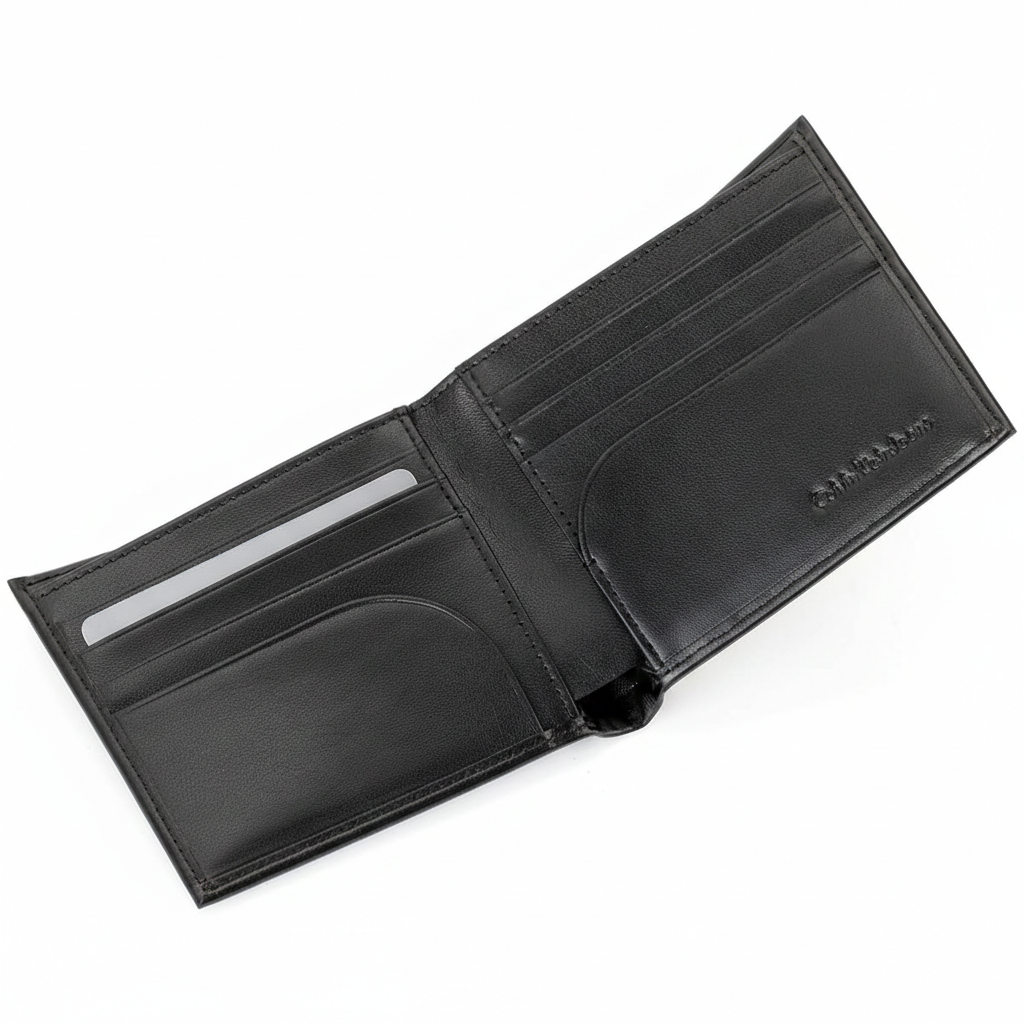 Fully open interior view of a Calvin Klein men's black smooth leather wallet showcasing multiple card slots, debossed branding, and a fold-out passcase flap with a clear ID window