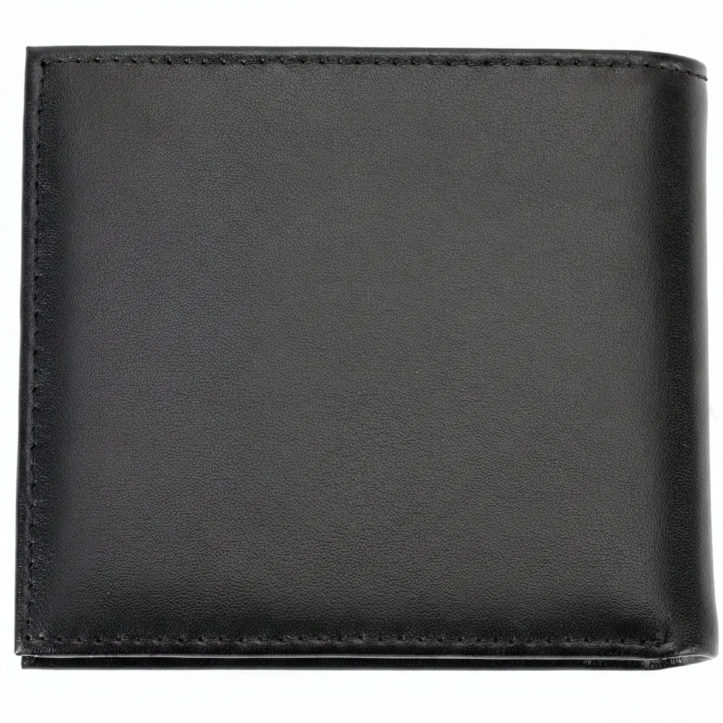Rear view of a closed Calvin Klein men's black smooth leather wallet highlighting the clean minimalist design and premium stitching