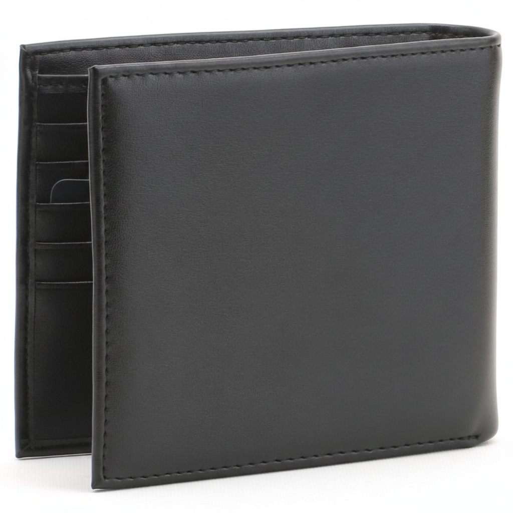 Rear perspective view of a standing Calvin Klein men's black smooth leather bifold wallet highlighting the clean minimalist back design and edge stitching