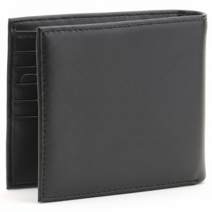 Rear perspective view of a standing Calvin Klein men's black smooth leather bifold wallet highlighting the clean minimalist back design and edge stitching
