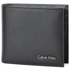 Straight-on front view of a closed Calvin Klein men's black smooth leather bifold wallet featuring a small silver metal logo hardware on the corner