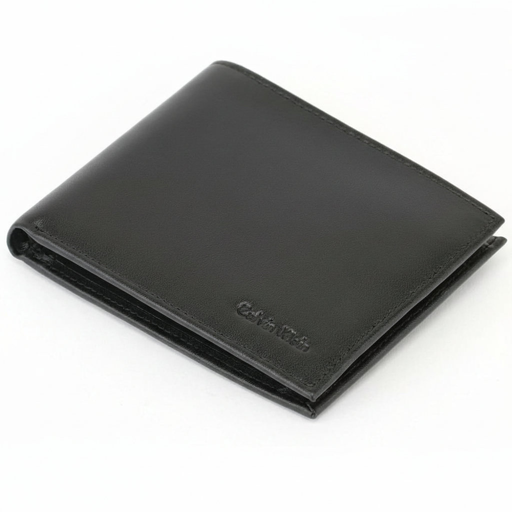 Close-up angled view of a closed Calvin Klein men's black smooth leather bifold wallet highlighting the premium finish and the small debossed Calvin Klein logo in the corner