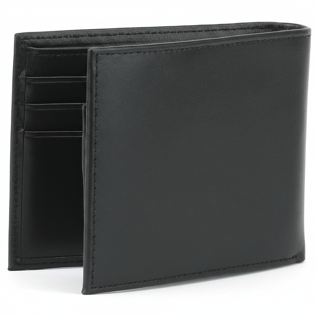 Perspective view of a standing closed Calvin Klein men's black smooth leather bifold wallet featuring a small, subtle debossed logo in the bottom corner