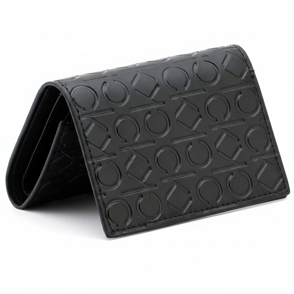Perspective view of a standing semi-open Calvin Klein men's black leather wallet highlighting the continuous all-over embossed CK logo pattern across the exterior