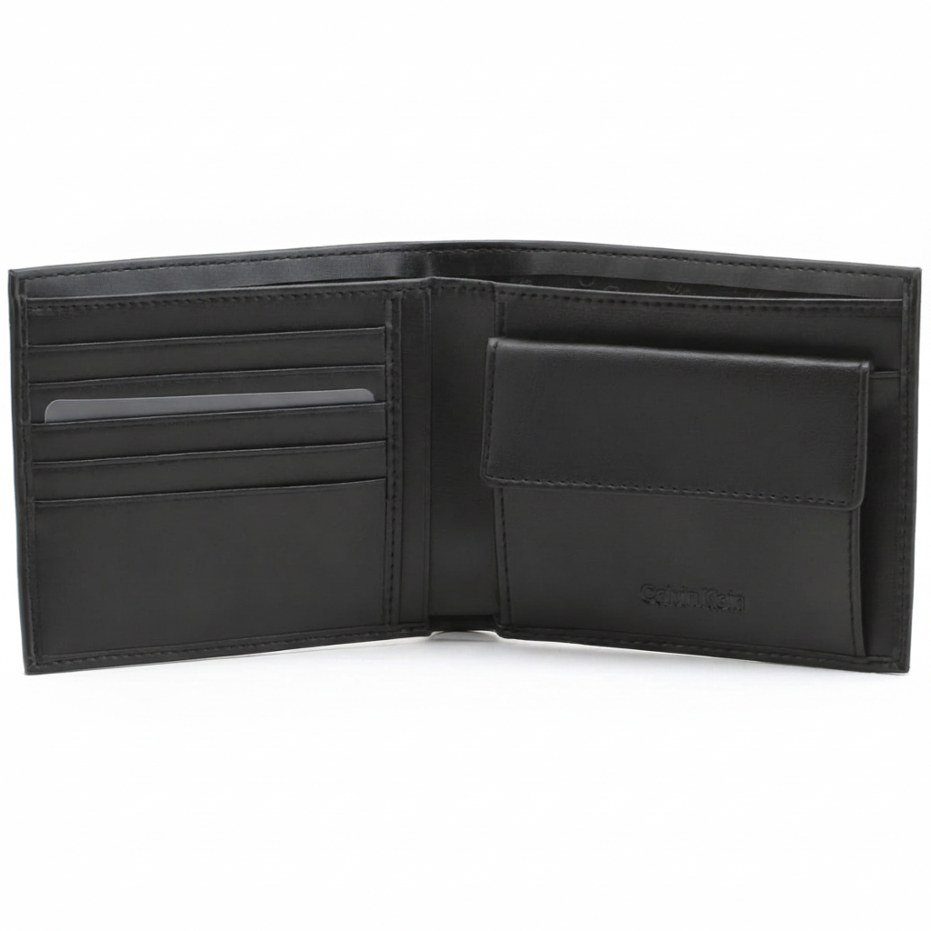 Fully open interior view of a Calvin Klein men's black leather wallet featuring card slots on the left, a snap-button coin pocket on the right, and debossed branding