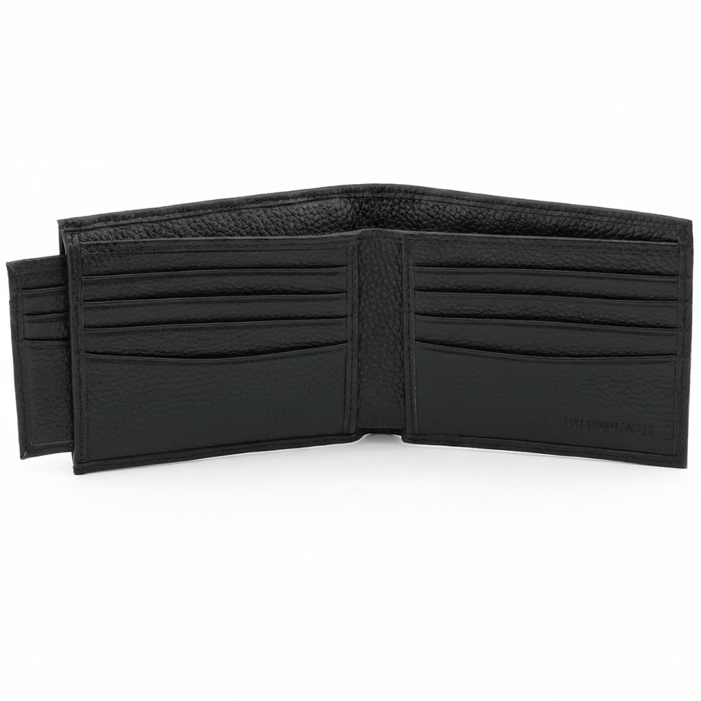 Straight-on interior view of a fully open Calvin Klein men's black leather wallet, showcasing multiple card slots on both sides and premium stitching details
