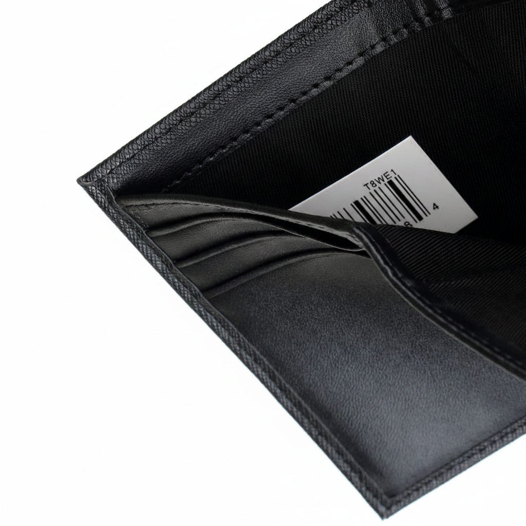 Close-up interior view of a Calvin Klein men's black leather wallet detailing the premium card slot stitching and a white barcode tag tucked inside
