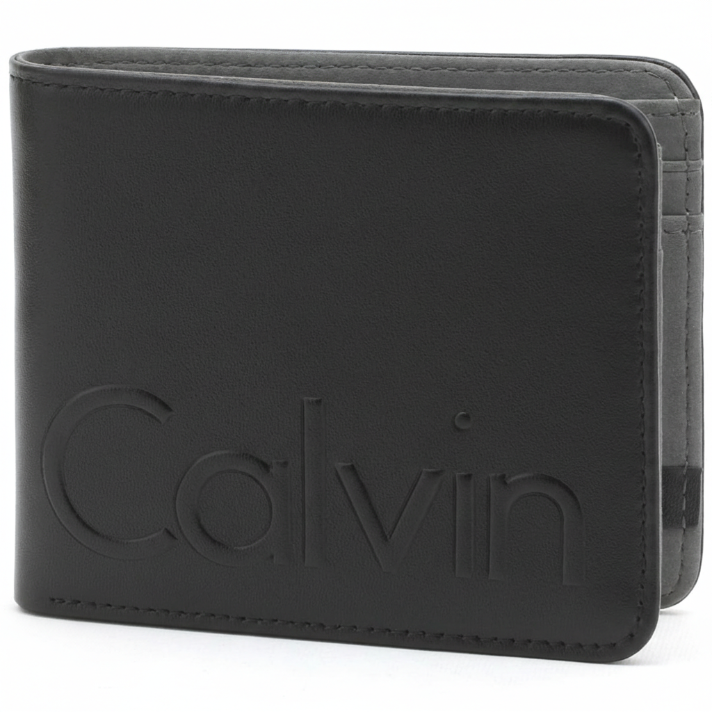 Rear view of a Calvin Klein men's black leather bifold wallet showcasing the debossed Klein logo and a glimpse of the contrasting grey interior edge