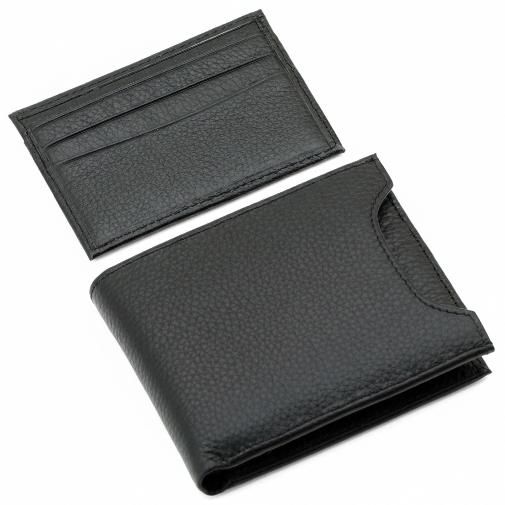 Display of a Calvin Klein men's black pebbled leather bifold wallet with its matching removable card case completely detached and placed directly above it