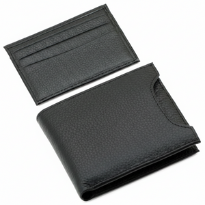 Display of a Calvin Klein men's black pebbled leather bifold wallet with its matching removable card case completely detached and placed directly above it