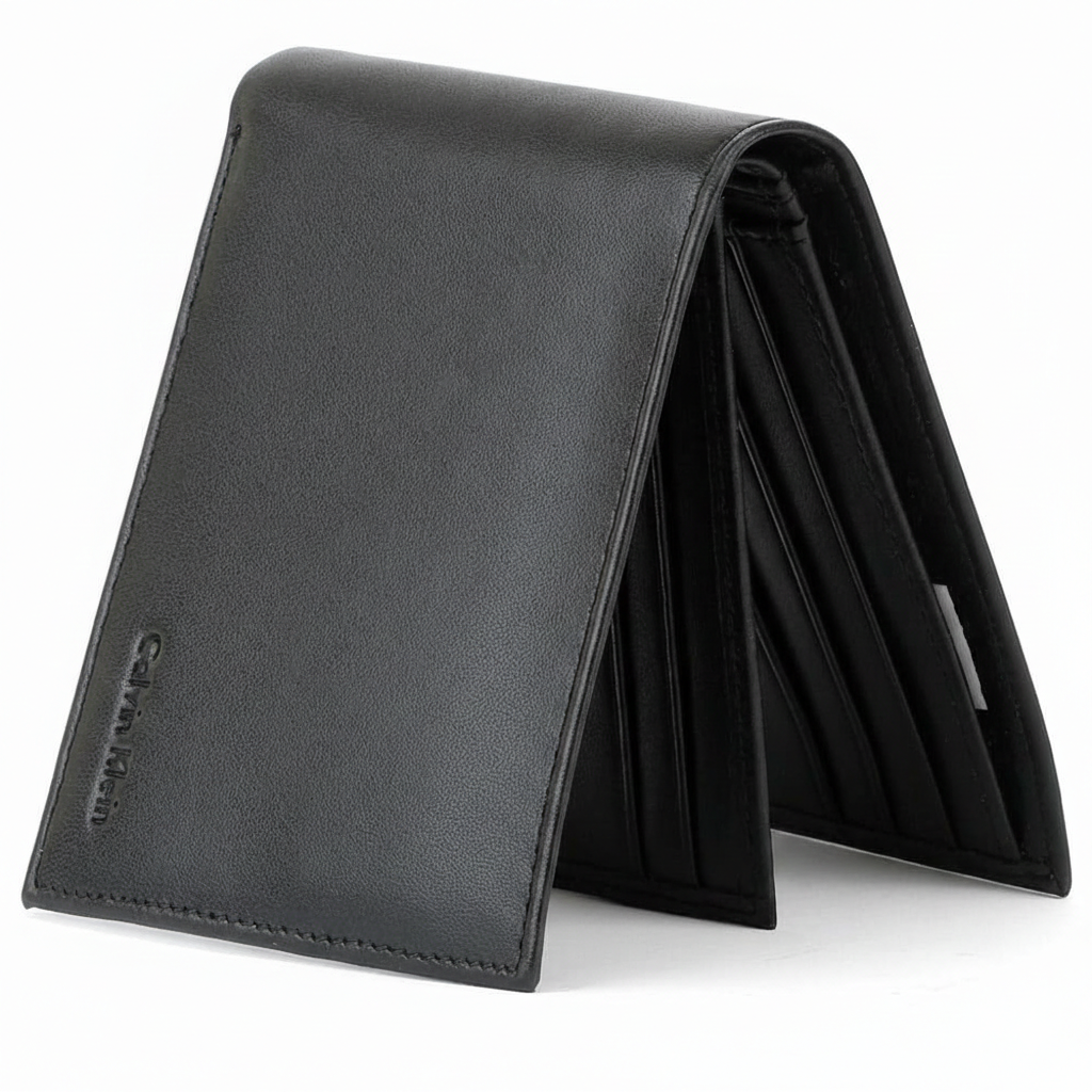 Perspective view of a standing semi-open Calvin Klein men's black leather wallet displaying the front logo and showcasing an extra interior flap with multiple card slots