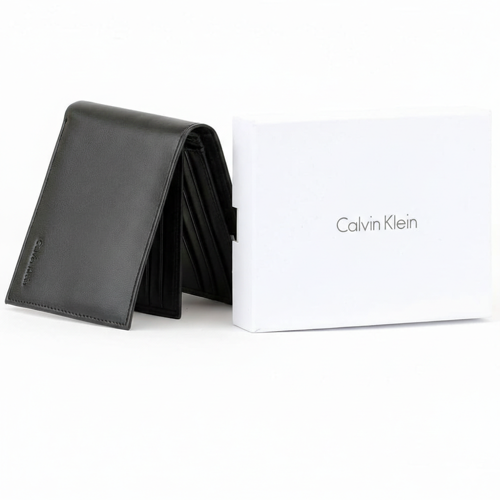 Perspective view of a standing semi-open Calvin Klein men's black leather wallet displaying the front logo and showcasing an extra interior flap with multiple card slots