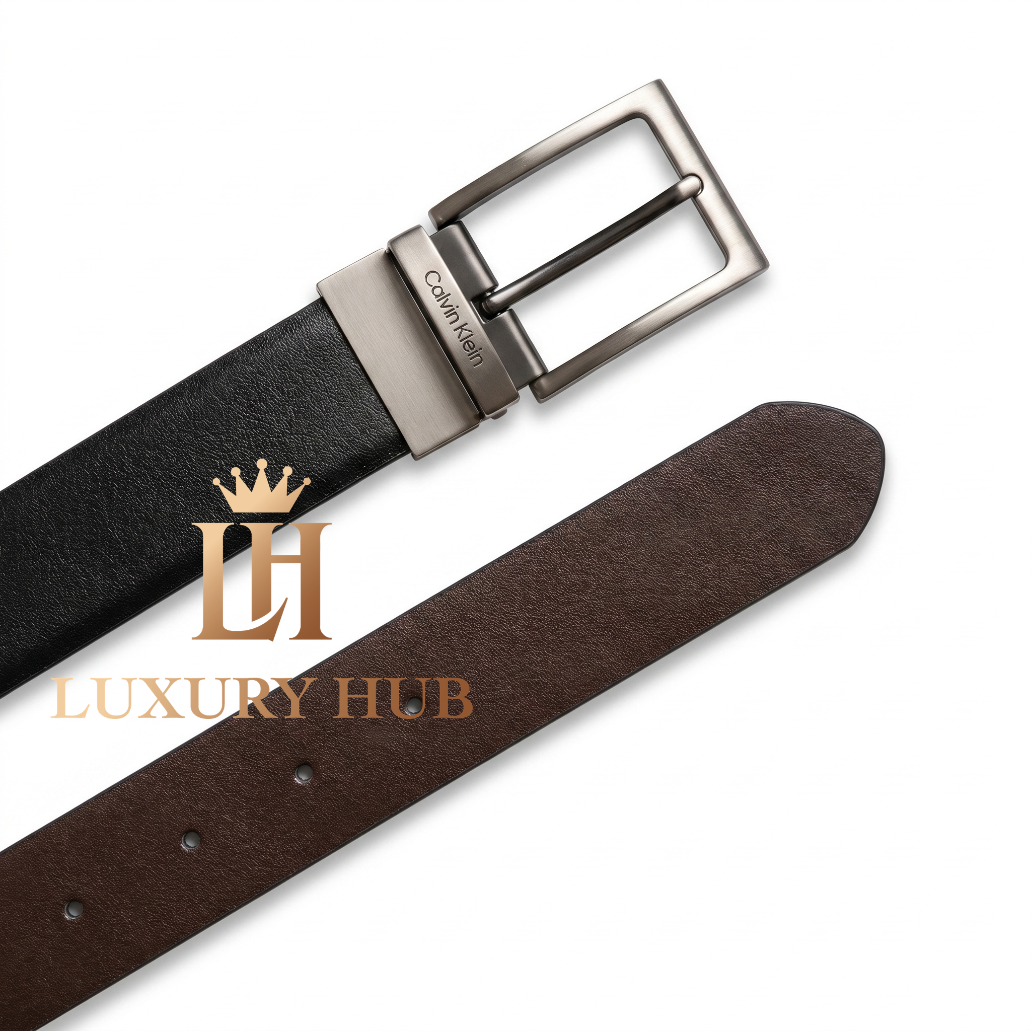 Calvin Klein double-face belt display showing both the black and brown premium leather sides
