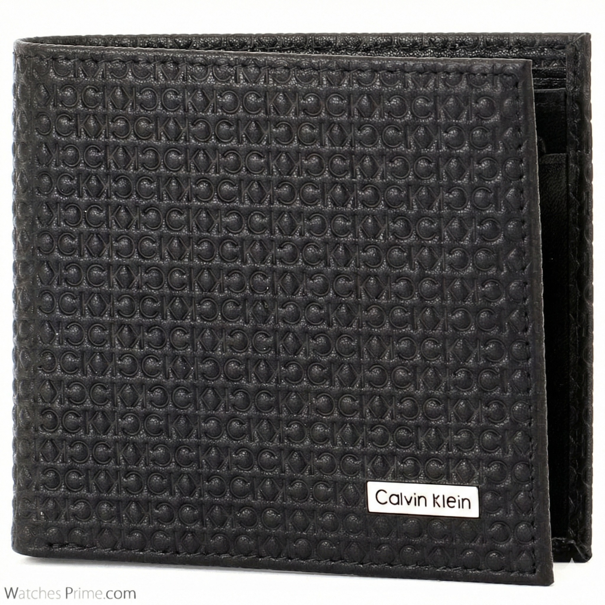 Close up of Calvin Klein Embossed Leather Texture and Silver Metal Logo