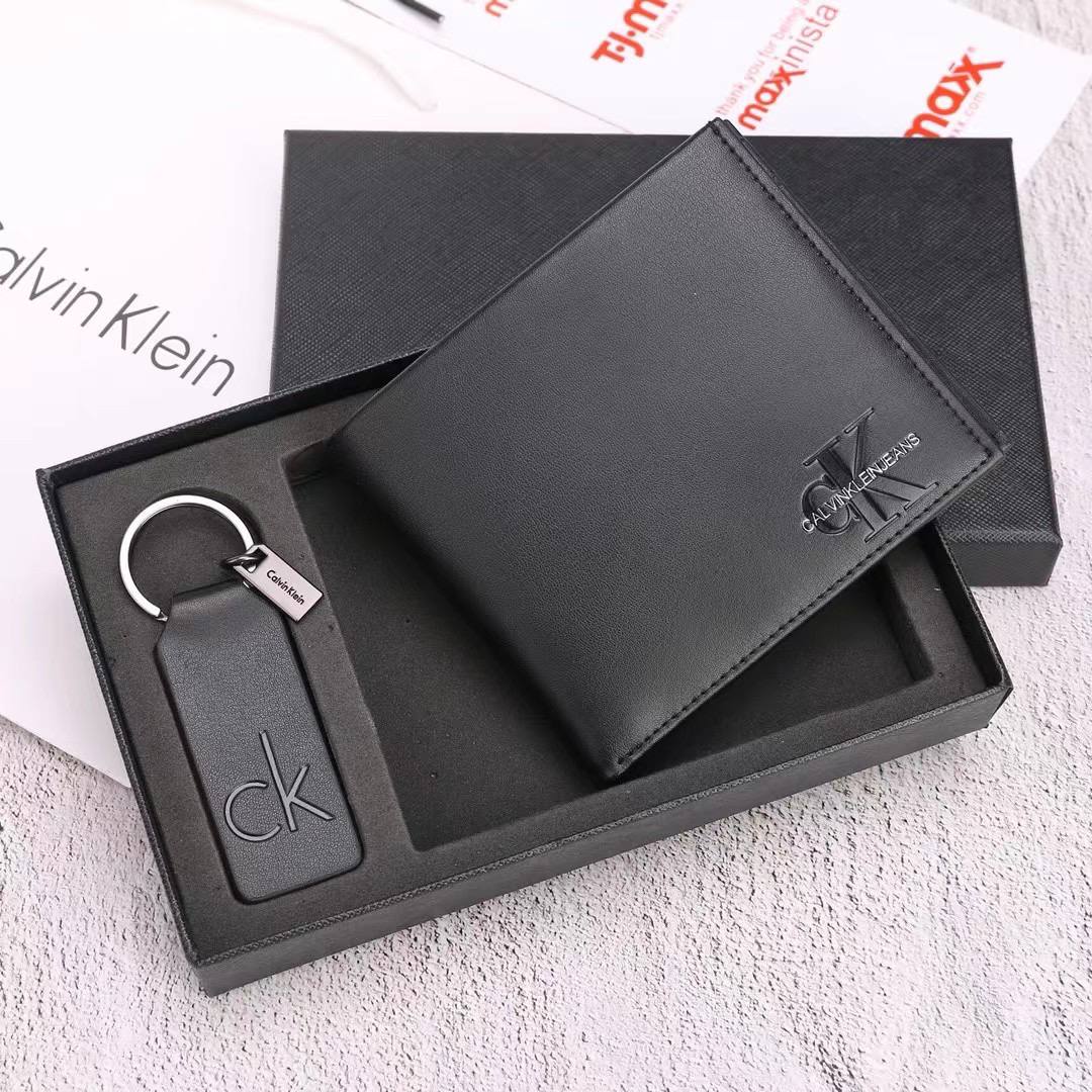 Calvin Klein Black Leather Wallet with Silver Logo and Key Fob