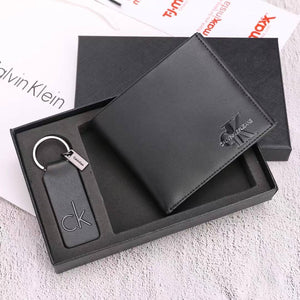 Calvin Klein Black Leather Wallet with Silver Logo and Key Fob