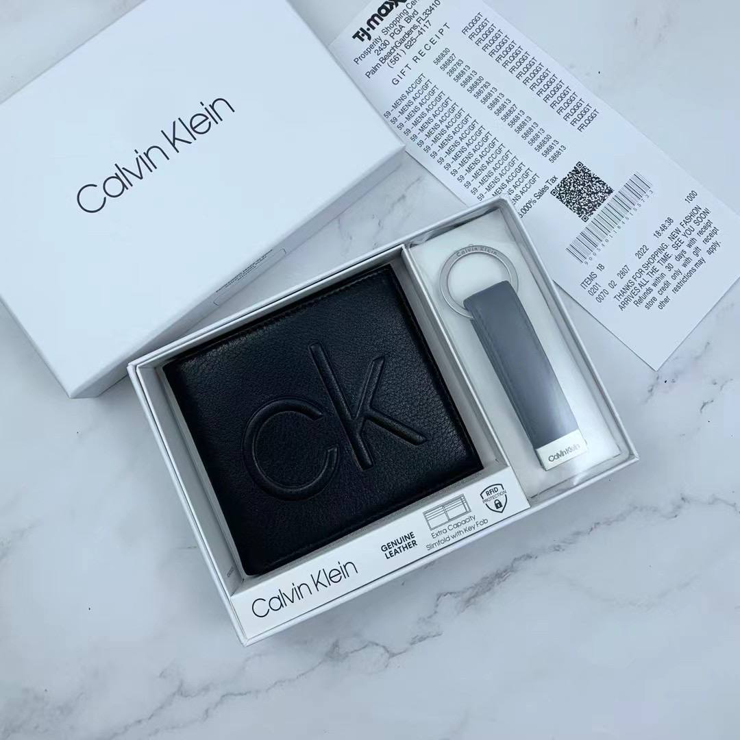 Calvin Klein Gift Set with Large Embossed CK Logo Wallet and Key Fob