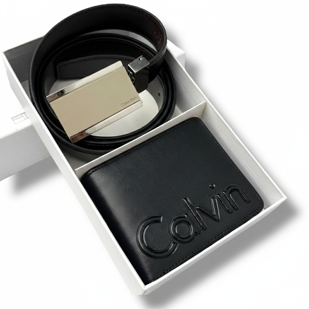 Flat lay of Calvin Klein gift set featuring reversible black brown belt and wallet