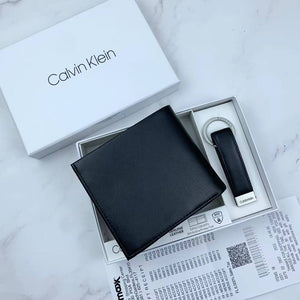Calvin Klein Gift Set with Big Embossed CK Logo Wallet and Leather Key Fob