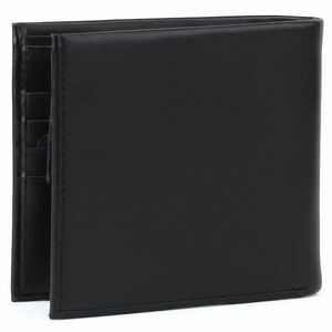 Rear perspective view of a standing Calvin Klein Jeans men's black leather wallet highlighting the clean minimalist back design and durable edge stitching