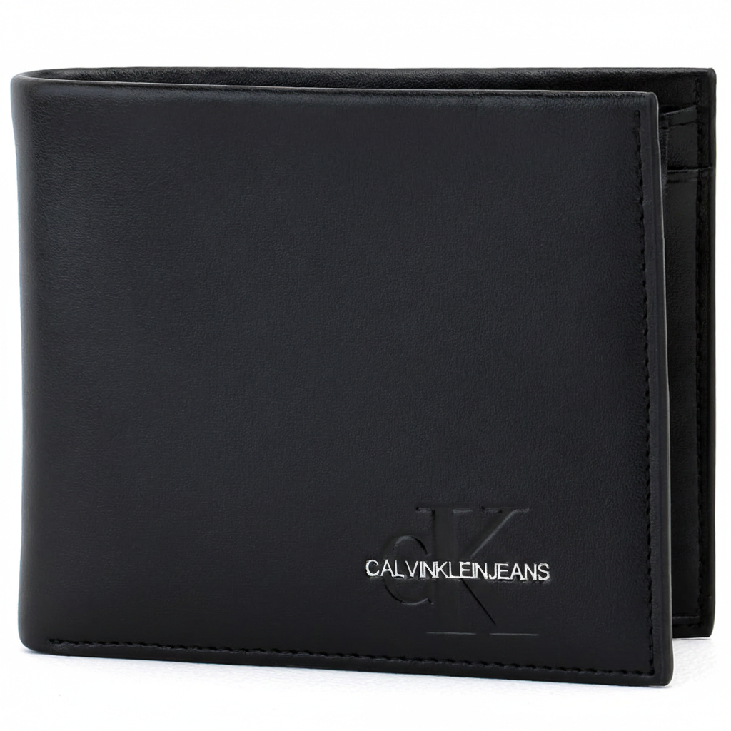 Detailed front view of a Calvin Klein Jeans black smooth leather wallet showcasing the elegant silver-toned brand logo and debossed monogram
