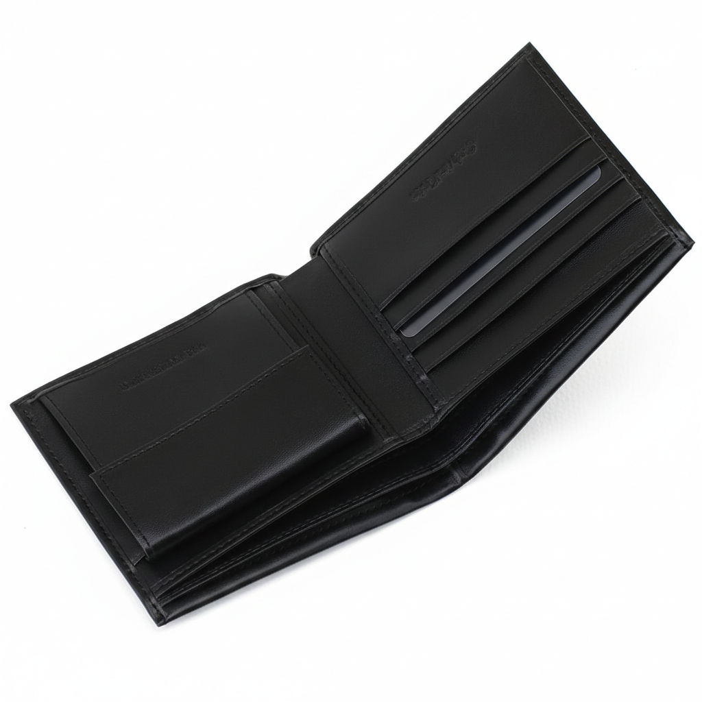 Angled open interior view of a Calvin Klein Jeans men's black leather wallet showcasing multiple card slots on the right and a snap-button coin pocket on the left