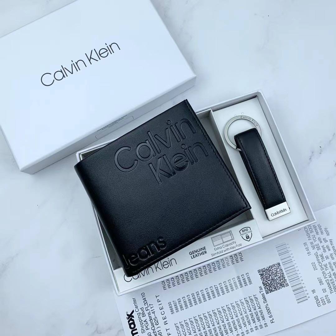 Calvin Klein Gift Set with Big Embossed CK Logo Wallet and Leather Key Fob