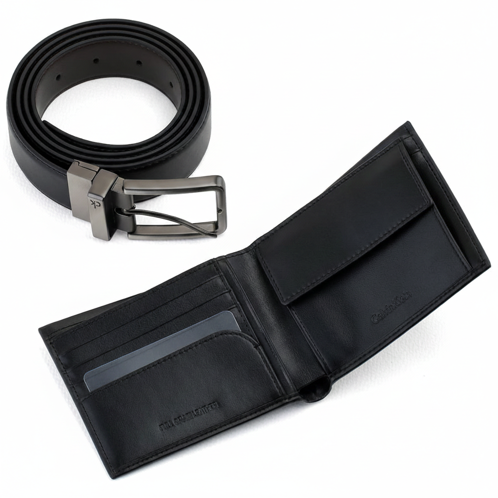 Interior view of an open Calvin Klein black leather wallet showing multiple card slots and a coin pocket, paired with a matching reversible leather belt