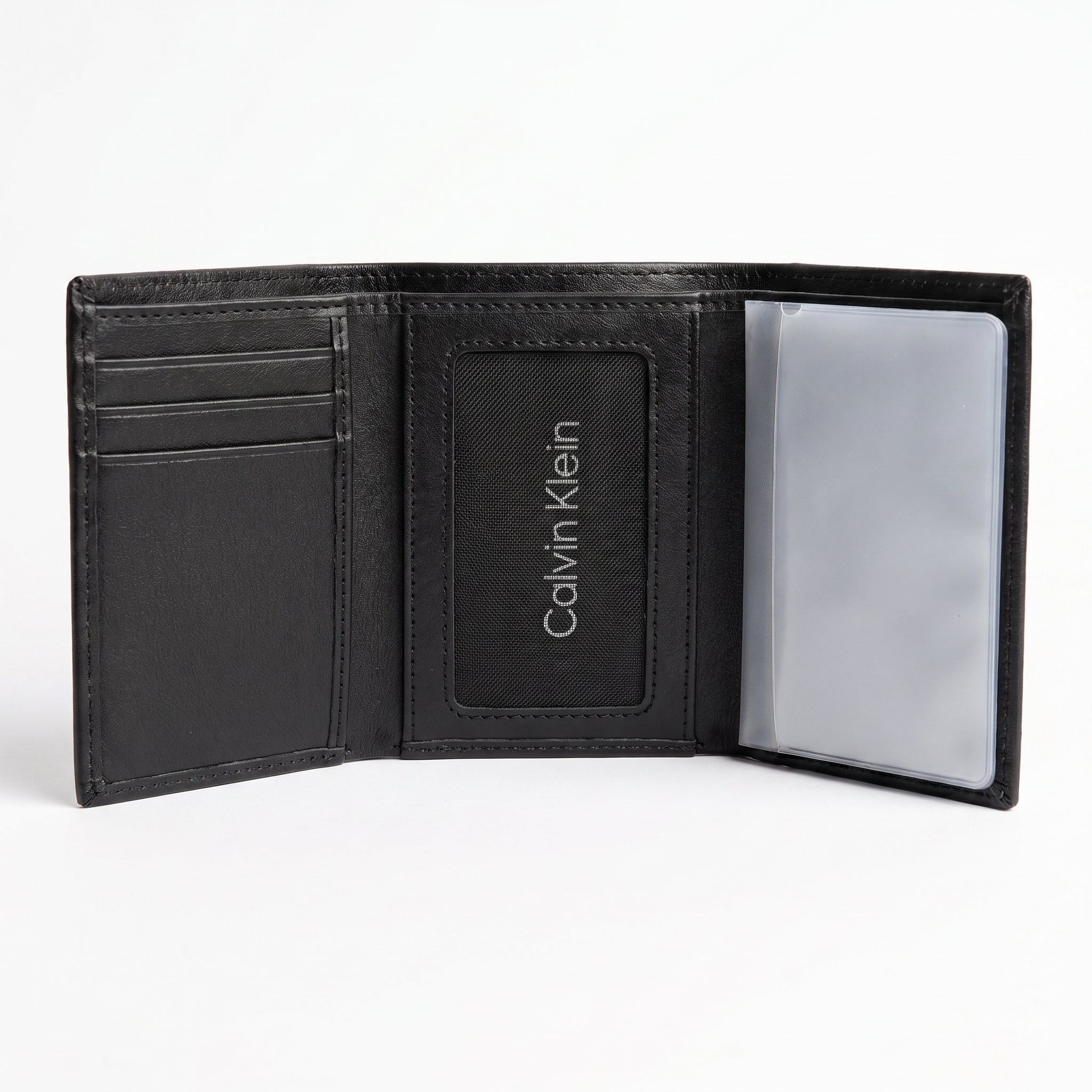Internal layout view of the Calvin Klein monogram leather wallet showing multiple card slots and clear flip-up ID window