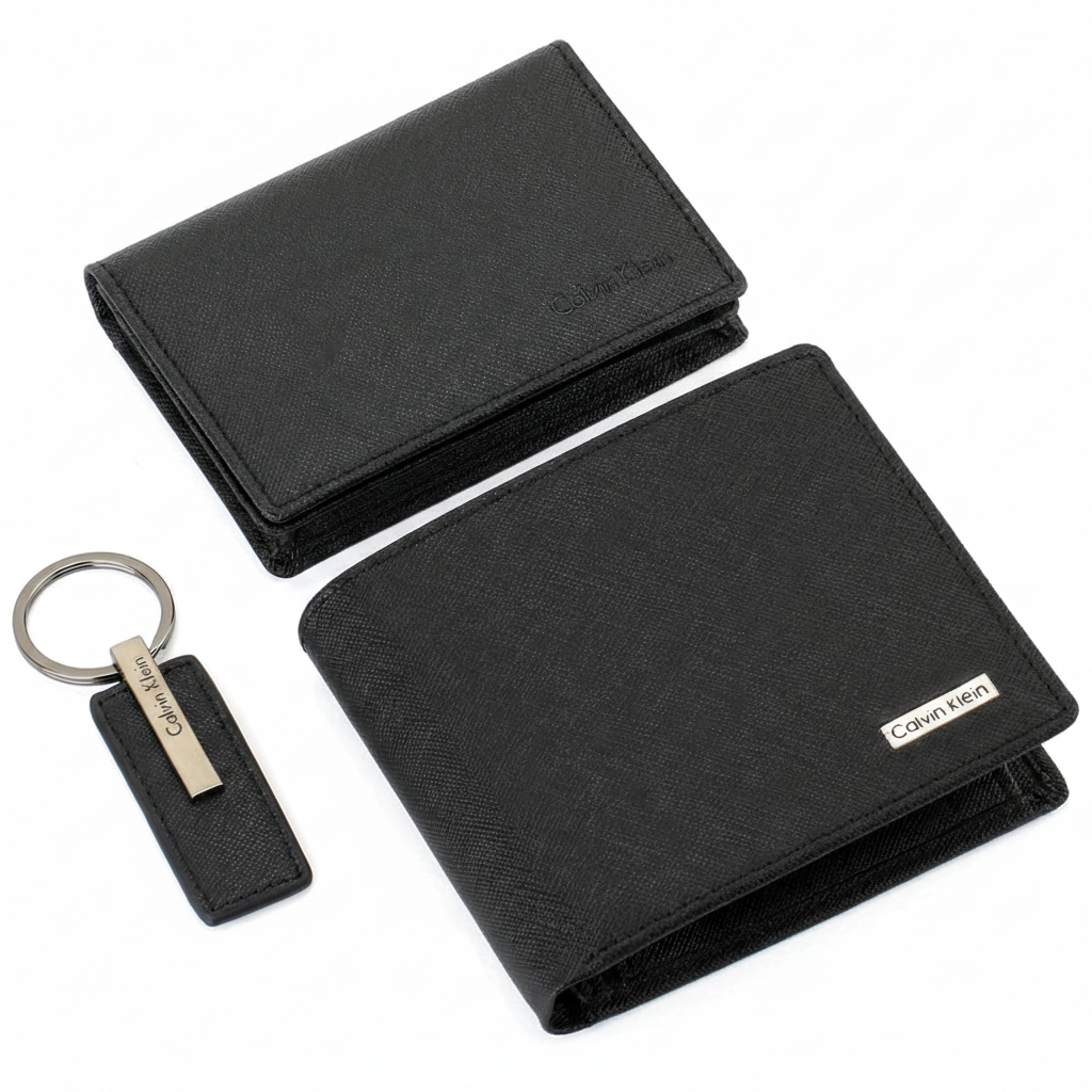 Detailed interior view of the Calvin Klein black saffiano leather bifold wallet and matching card holder, showing practical card slots and ID window