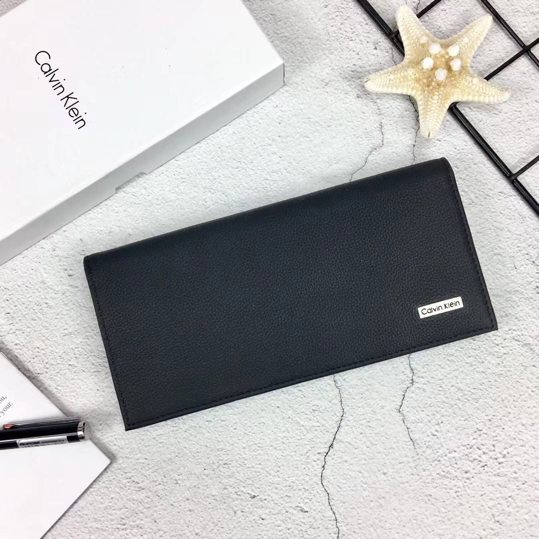 Front view of Calvin Klein Black Leather Long Wallet with Metal Logo Plate