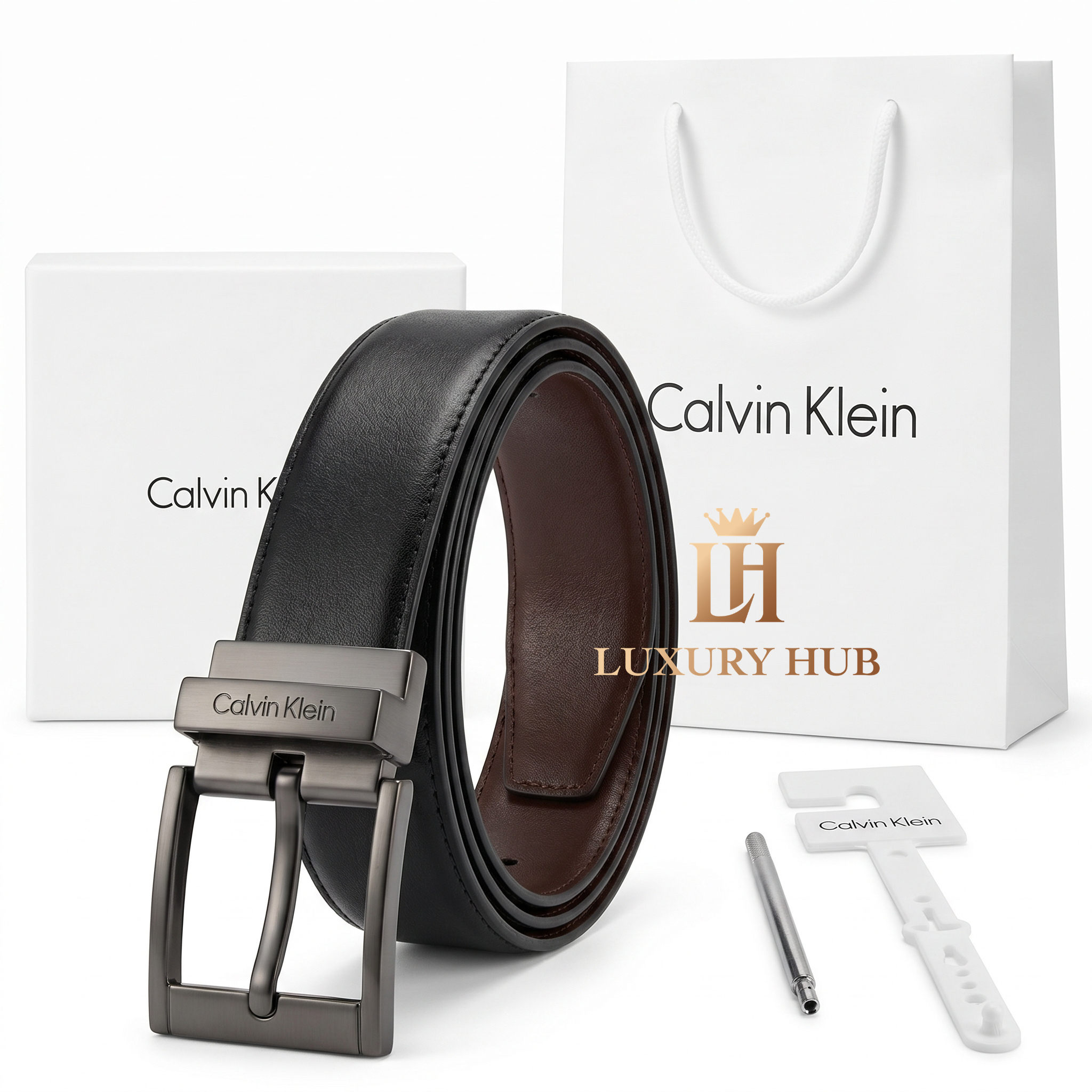 Calvin Klein men's mirror original reversible belt set with luxury white gift box and shopping bag