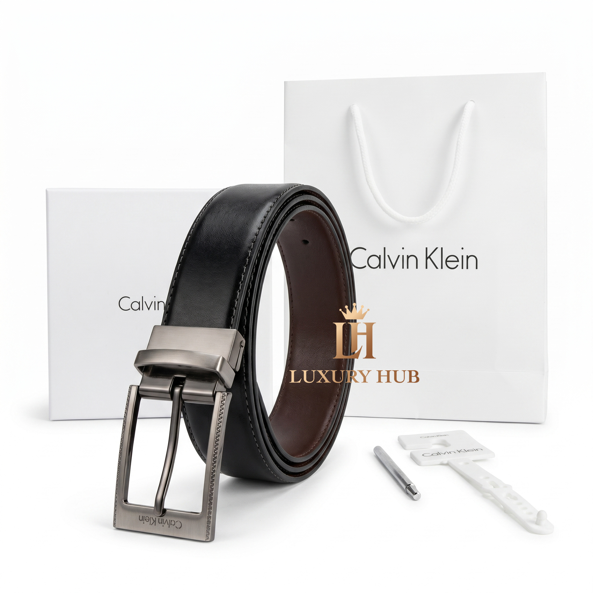 Full designer set of Calvin Klein mirror original reversible belt with luxury white gift box and branded shopping bag