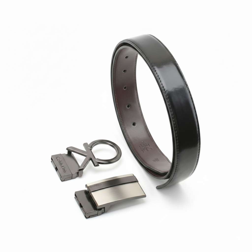 Top-down view of a Calvin Klein men's reversible leather belt gift set featuring the brown side and two premium metal buckles including an oversized cK monogram plaque