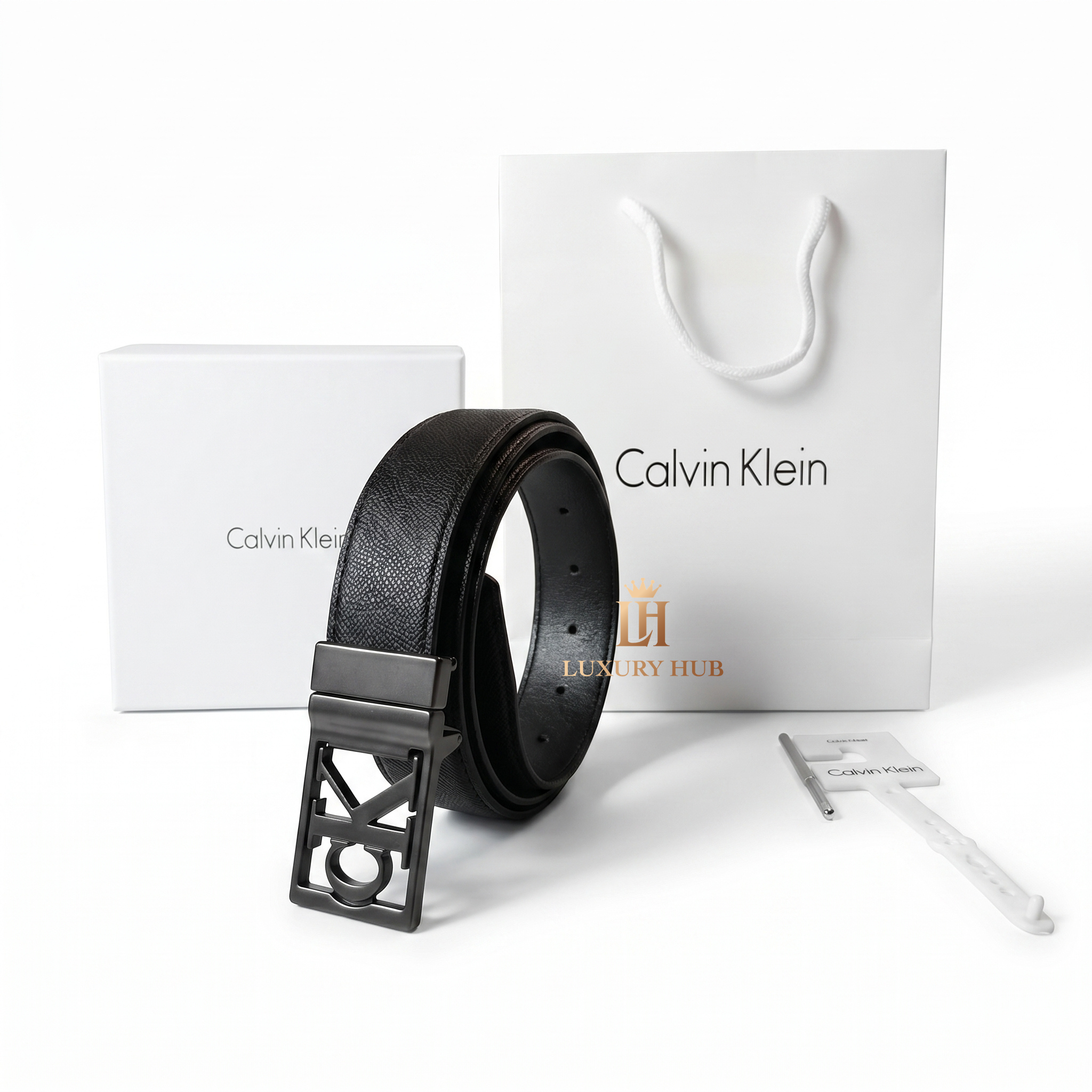 Premium Calvin Klein mirror original black leather belt set with textured and smooth sides, luxury packaging