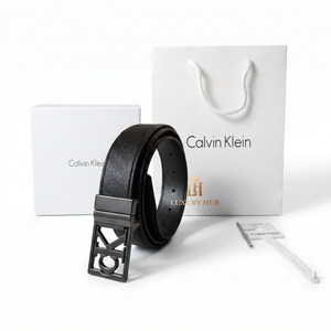Premium Calvin Klein mirror original black leather belt set with textured and smooth sides, luxury packaging
