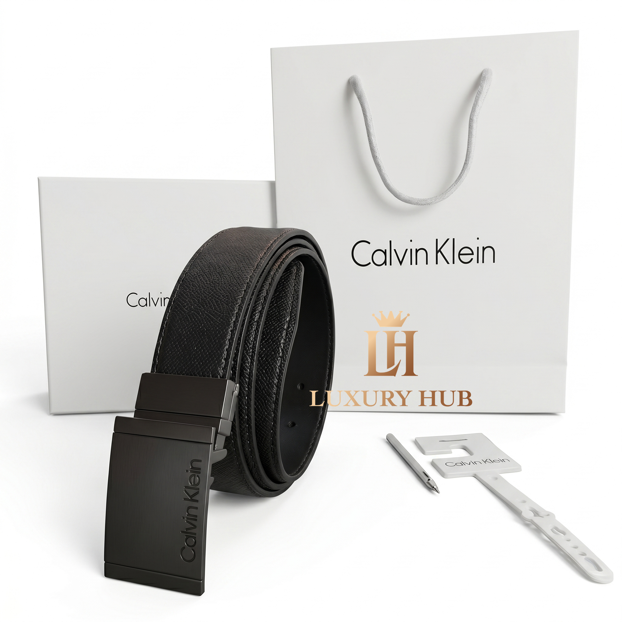 Premium Calvin Klein mirror original black leather belt set with matte black buckle, luxury white gift box, and branded shopping bag