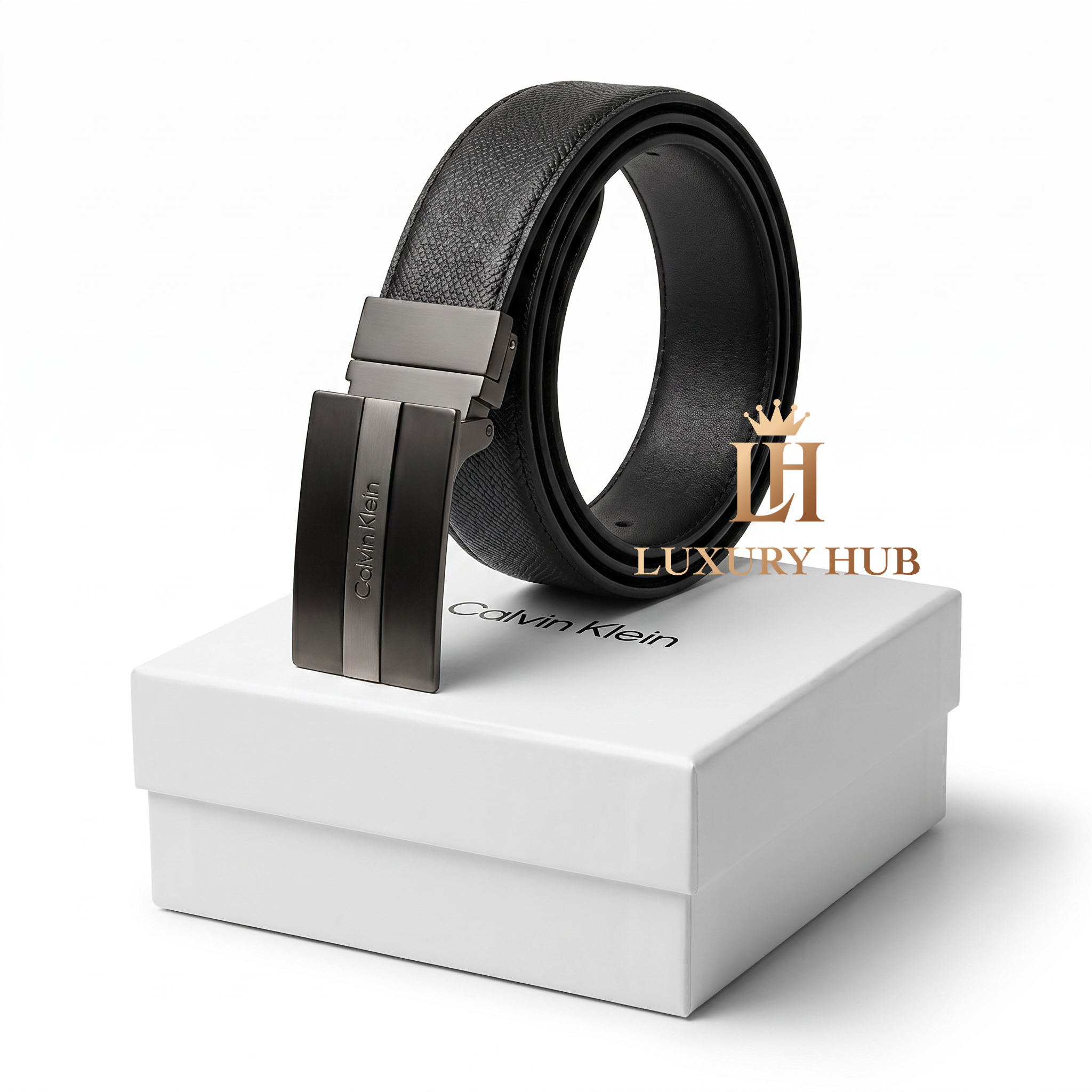 Calvin Klein Men's Mirror Original Black Genuine Leather Belt - Engraved Metal Buckle