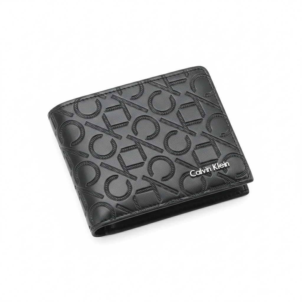 Front view of a Calvin Klein men's black leather wallet featuring an all-over embossed CK monogram pattern and a raised silver metal Calvin Klein logo