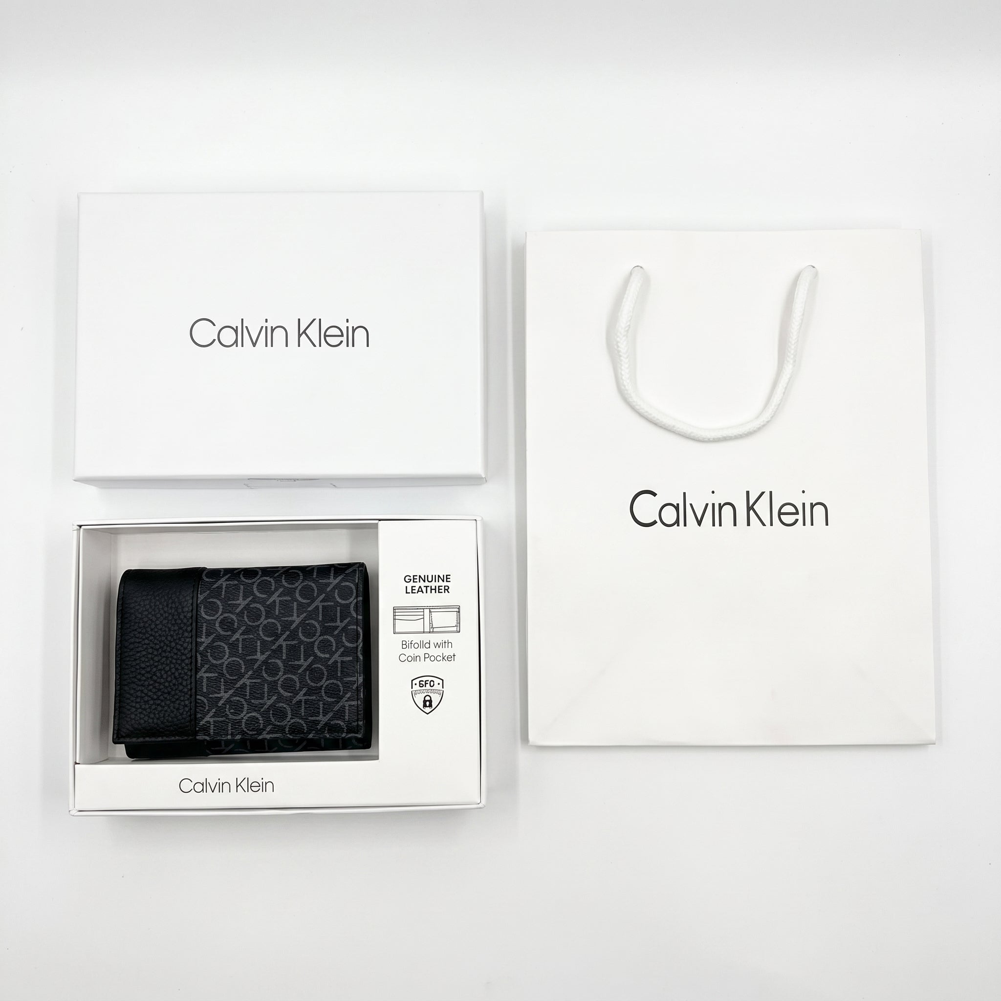 Full presentation of the Calvin Klein mirror original grey printed monogram leather wallet set with original white gift box and shopping bag