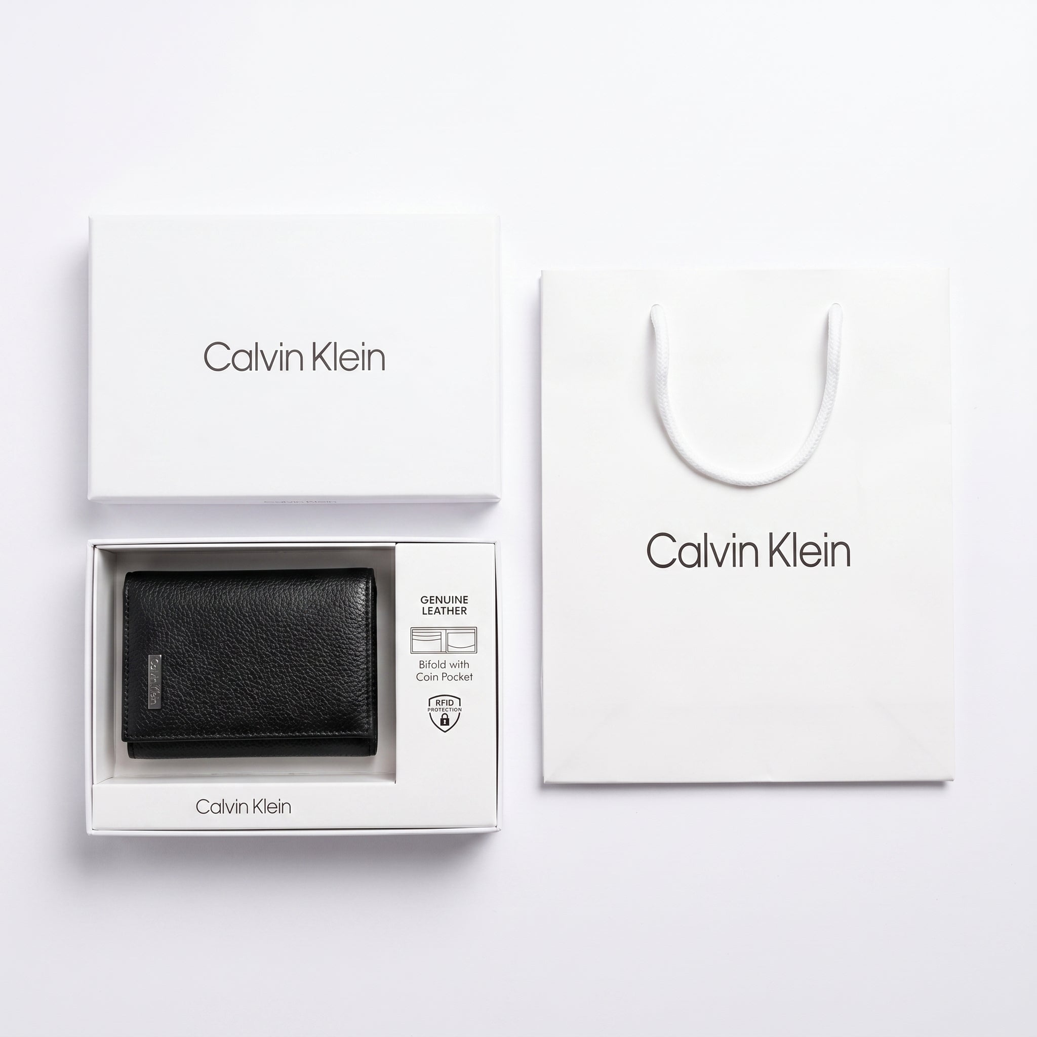 Full set of Calvin Klein mirror original genuine leather wallet presented in its luxury branded gift box