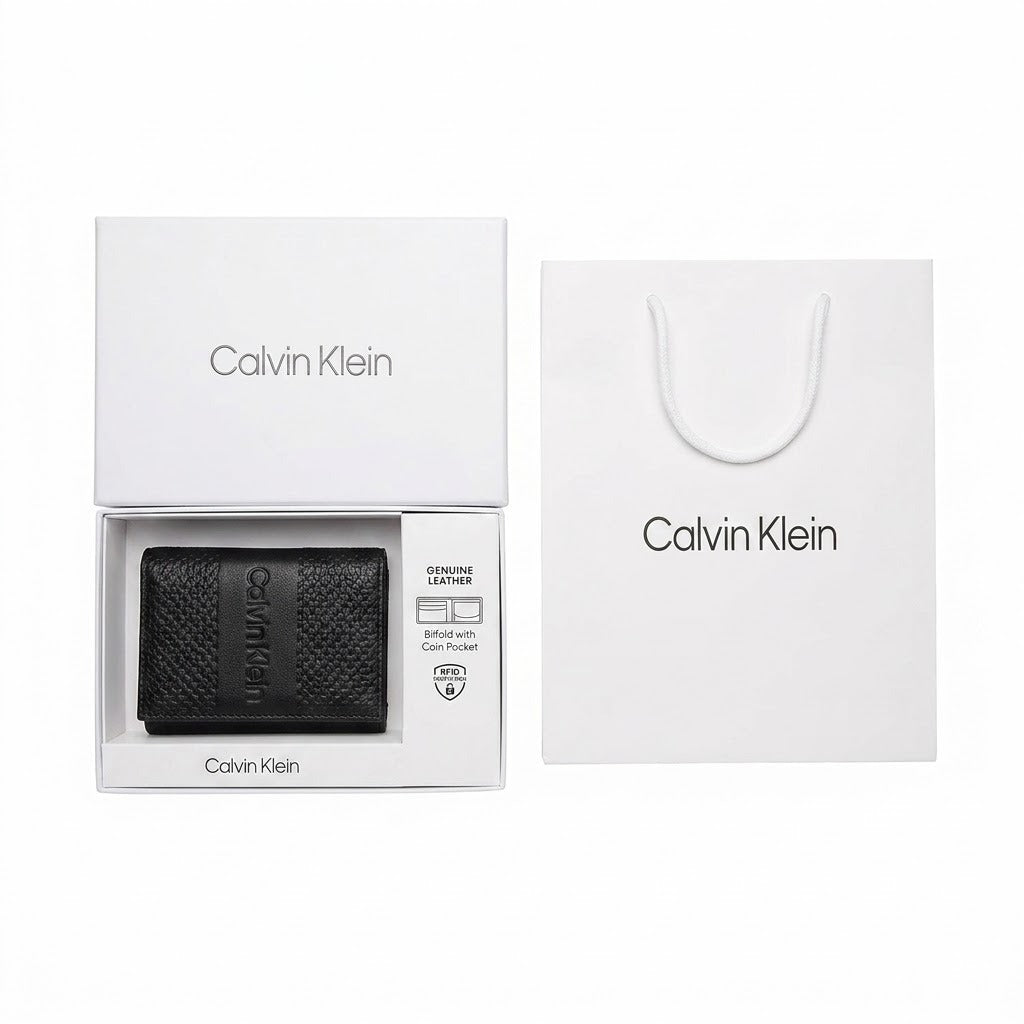 Premium Calvin Klein mirror original monogram leather wallet set presented in its signature white gift box and shopping bag