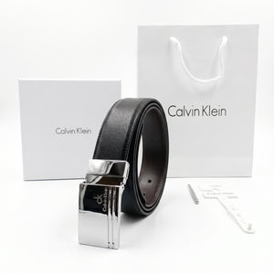 Premium Calvin Klein mirror original reversible belt set with polished silver buckle, luxury white gift box, and branded shopping bag