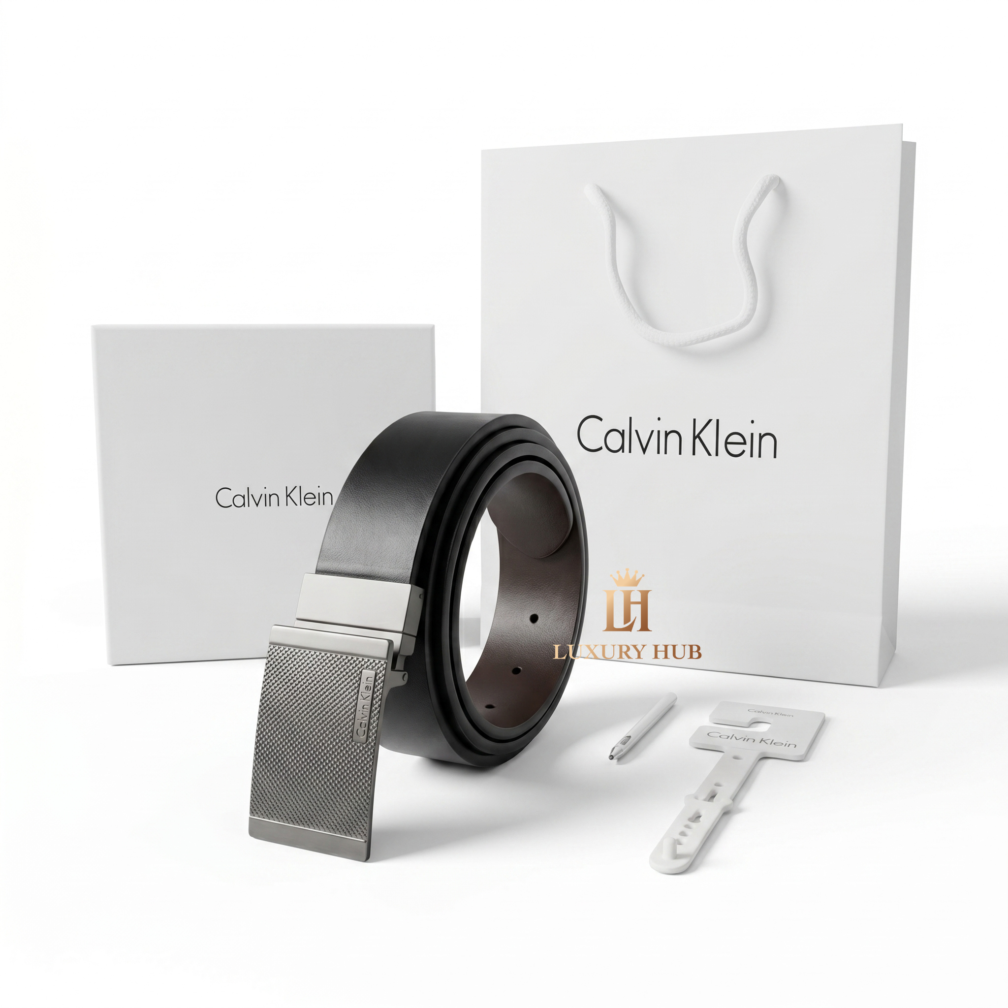 Premium Calvin Klein mirror original reversible belt set with matte textured buckle, luxury white gift box, and branded shopping bag