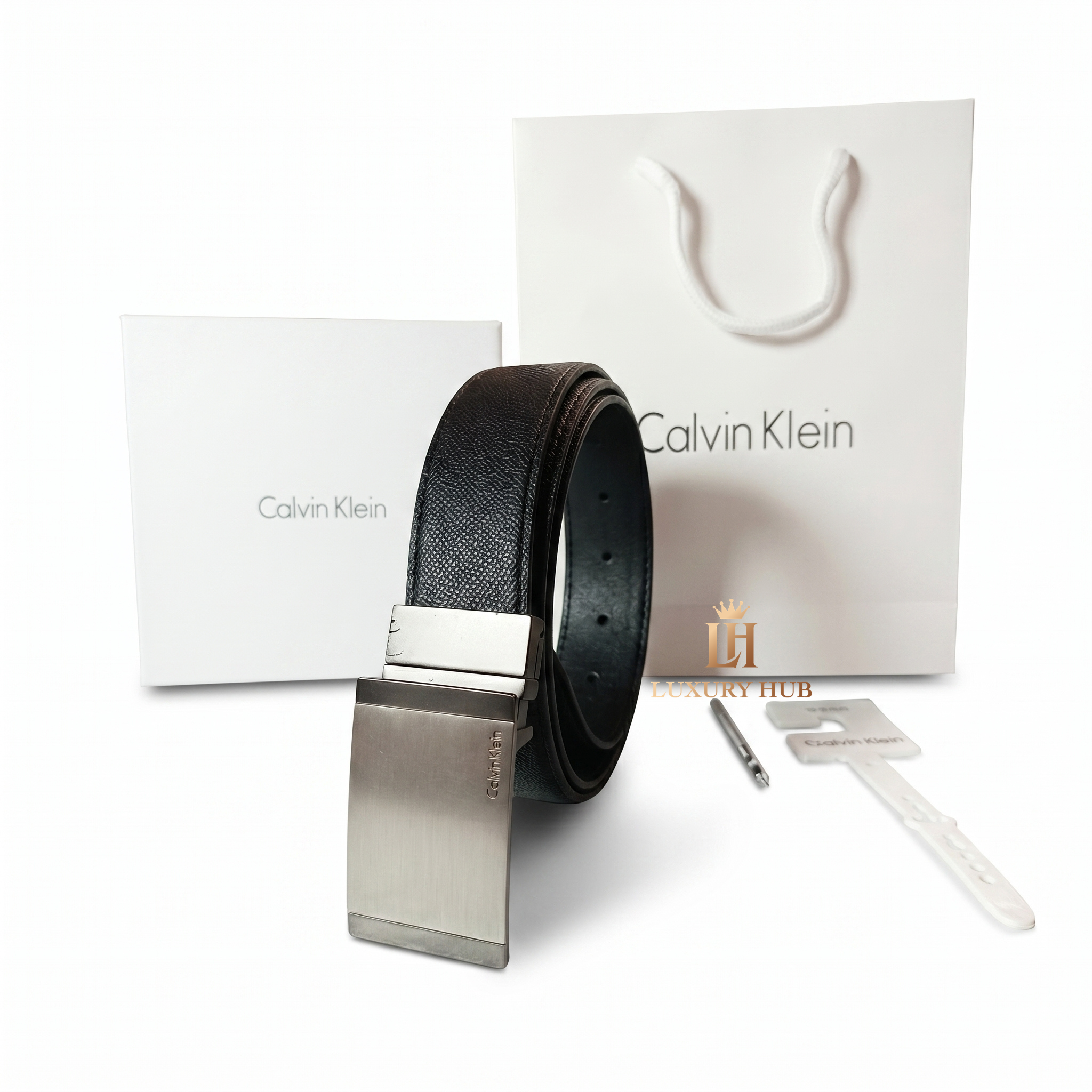 Premium Calvin Klein mirror original reversible belt set with matte black buckle, luxury white gift box, and branded shopping bag